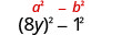 Mathematical expressions demonstrating the difference of squares formula, with 'a^2 - b^2' in red and an example '(8y)^2 - 1^2' below it.